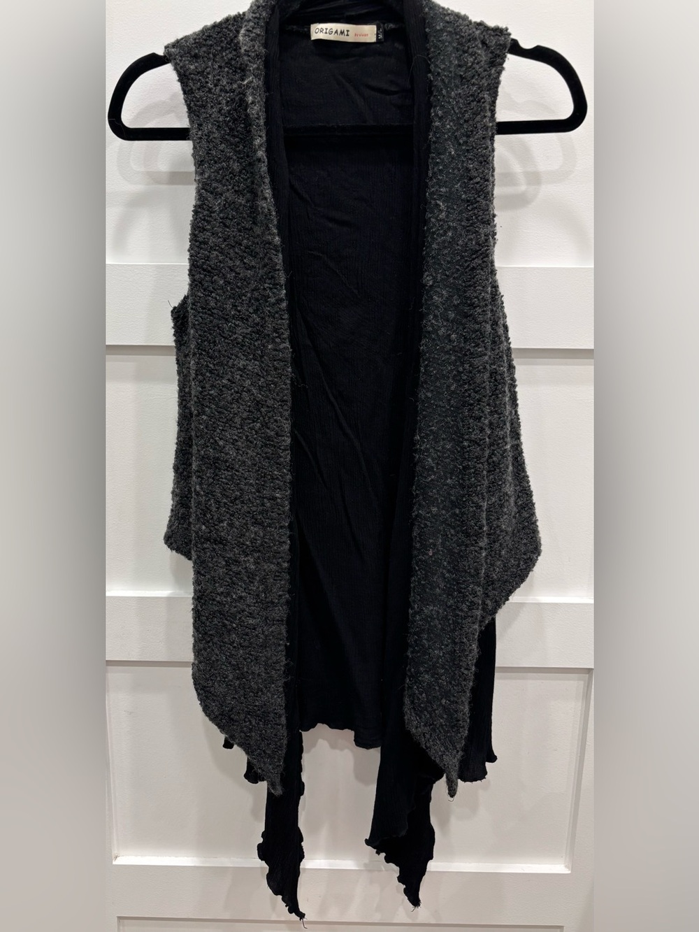 Origami Charcoal Gray and Black Open-Front Sleeveless Draped Vest